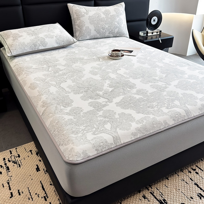 91家纺网 家纺一手货源 找家纺 全季家居 2025新款5A乙纶全PE花卉轻奢提花凉感软凉席席子 暗香疏影-浅灰 床笠