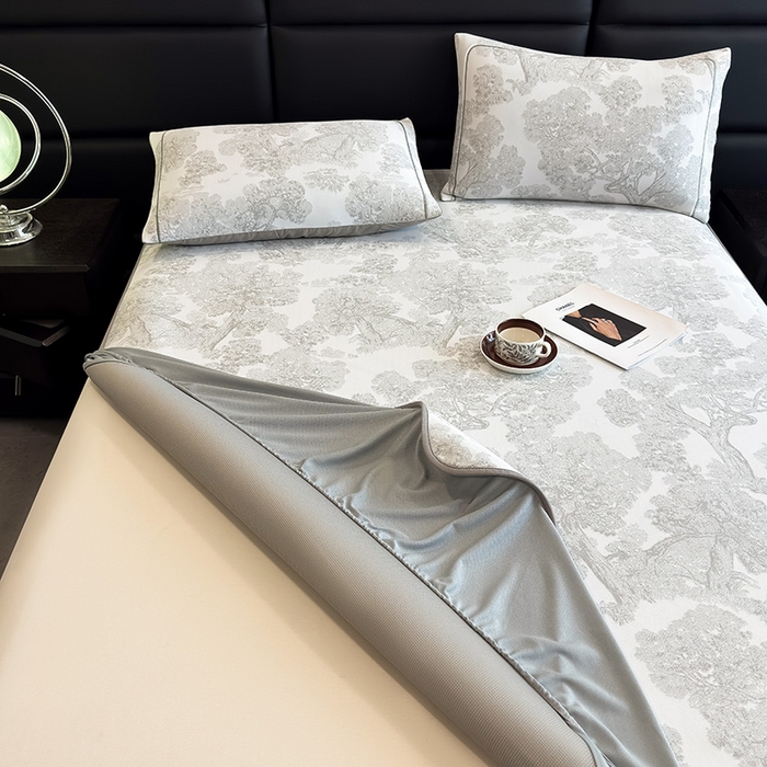 91家纺网 家纺一手货源 找家纺 全季家居 2025新款5A乙纶全PE花卉轻奢提花凉感软凉席席子 暗香疏影-浅灰 床笠