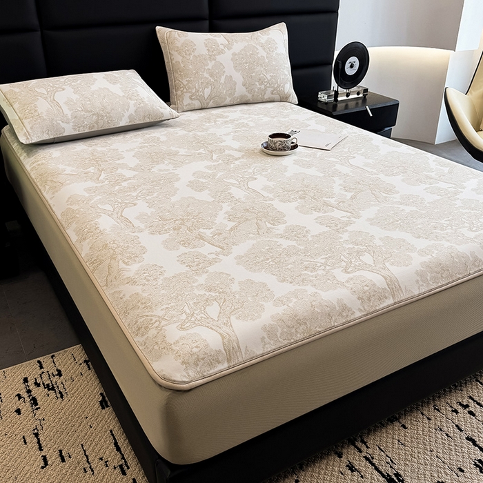 91家纺网 家纺一手货源 找家纺 全季家居 2025新款5A乙纶全PE花卉轻奢提花凉感软凉席席子 暗香疏影-浅咖