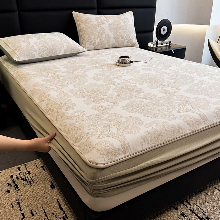 91家纺网 家纺一手货源 找家纺 全季家居 2025新款5A乙纶全PE花卉轻奢提花凉感软凉席席子 暗香疏影-浅咖