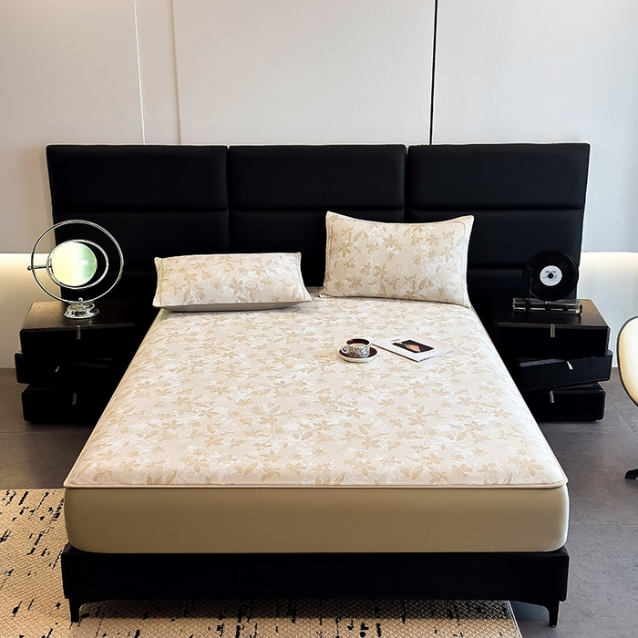 91家纺网 家纺一手货源 找家纺 全季家居 2025新款5A乙纶全PE花卉轻奢提花凉感软凉席席子 繁花似锦-浅咖 床笠