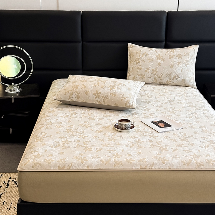 91家纺网 家纺一手货源 找家纺 全季家居 2025新款5A乙纶全PE花卉轻奢提花凉感软凉席席子 繁花似锦-浅咖 床笠