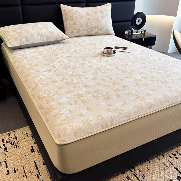 91家纺网 家纺一手货源 找家纺 全季家居 2025新款5A乙纶全PE花卉轻奢提花凉感软凉席席子 繁花似锦-浅咖 床笠