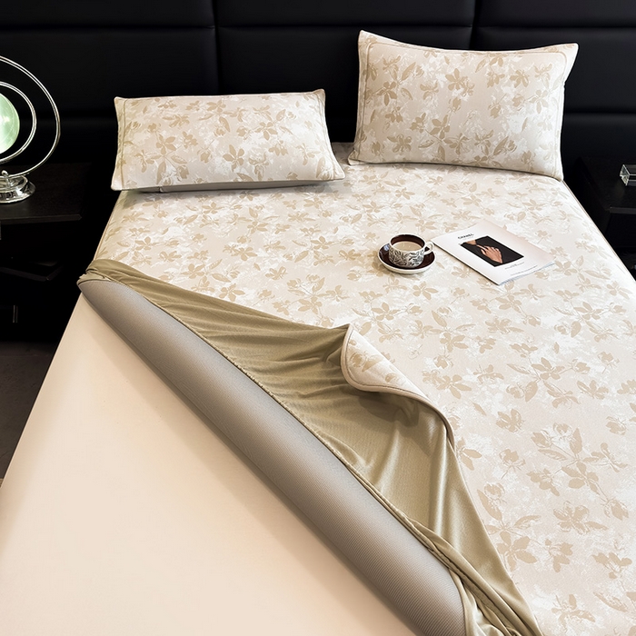 91家纺网 家纺一手货源 找家纺 全季家居 2025新款5A乙纶全PE花卉轻奢提花凉感软凉席席子 繁花似锦-浅咖 床笠