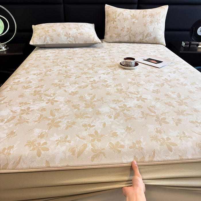 91家纺网 家纺一手货源 找家纺 全季家居 2025新款5A乙纶全PE花卉轻奢提花凉感软凉席席子 繁花似锦-浅咖 床笠