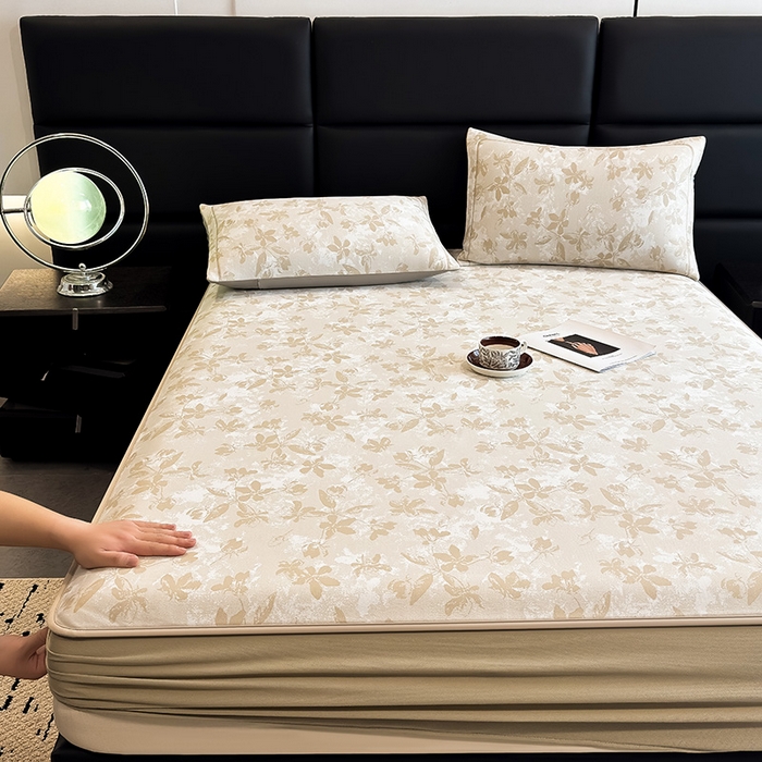 91家纺网 家纺一手货源 找家纺 全季家居 2025新款5A乙纶全PE花卉轻奢提花凉感软凉席席子 繁花似锦-浅咖 床笠