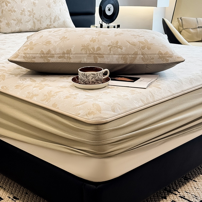 91家纺网 家纺一手货源 找家纺 全季家居 2025新款5A乙纶全PE花卉轻奢提花凉感软凉席席子 繁花似锦-浅咖 床笠