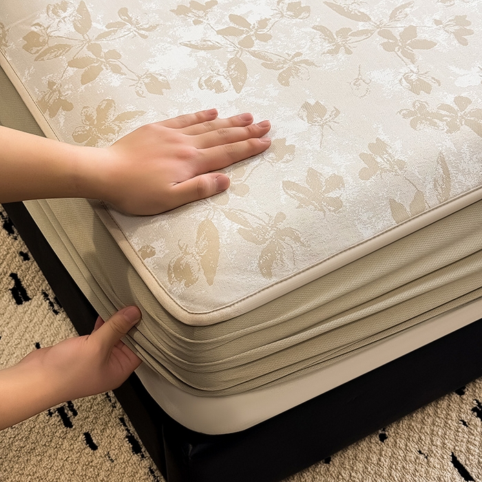 91家纺网 家纺一手货源 找家纺 全季家居 2025新款5A乙纶全PE花卉轻奢提花凉感软凉席席子 繁花似锦-浅咖 床笠