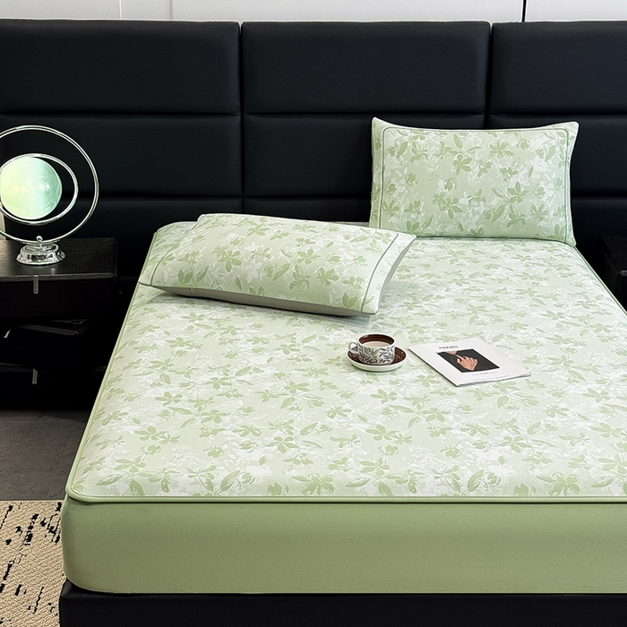 91家纺网 家纺一手货源 找家纺 全季家居 2025新款5A乙纶全PE花卉轻奢提花凉感软凉席席子 繁花似锦-浅绿 床笠