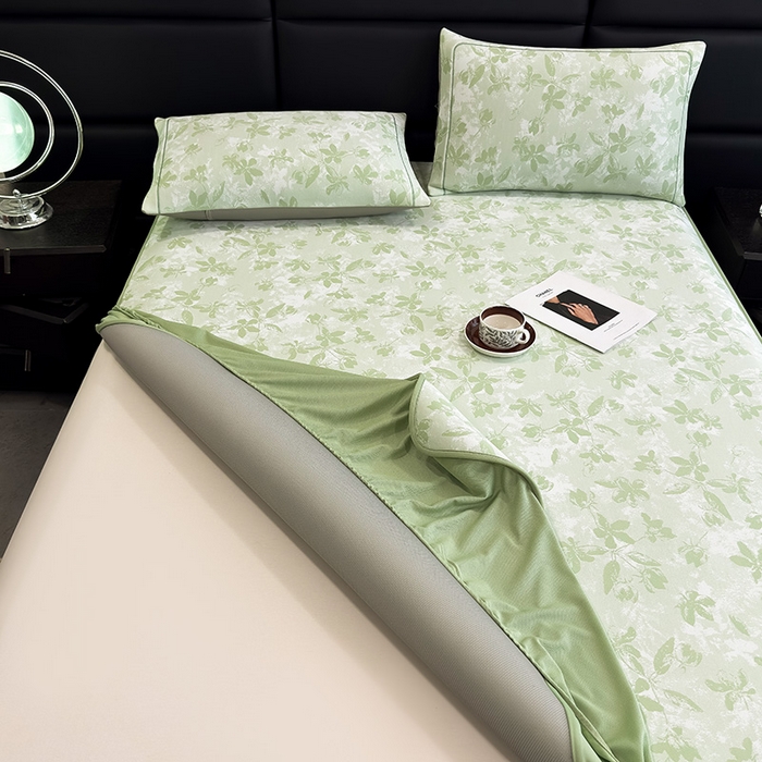 91家纺网 家纺一手货源 找家纺 全季家居 2025新款5A乙纶全PE花卉轻奢提花凉感软凉席席子 繁花似锦-浅绿 床笠