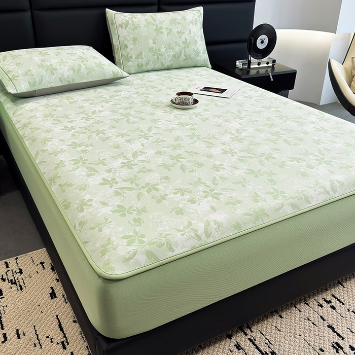 91家纺网 家纺一手货源 找家纺 全季家居 2025新款5A乙纶全PE花卉轻奢提花凉感软凉席席子 繁花似锦-浅绿 床笠