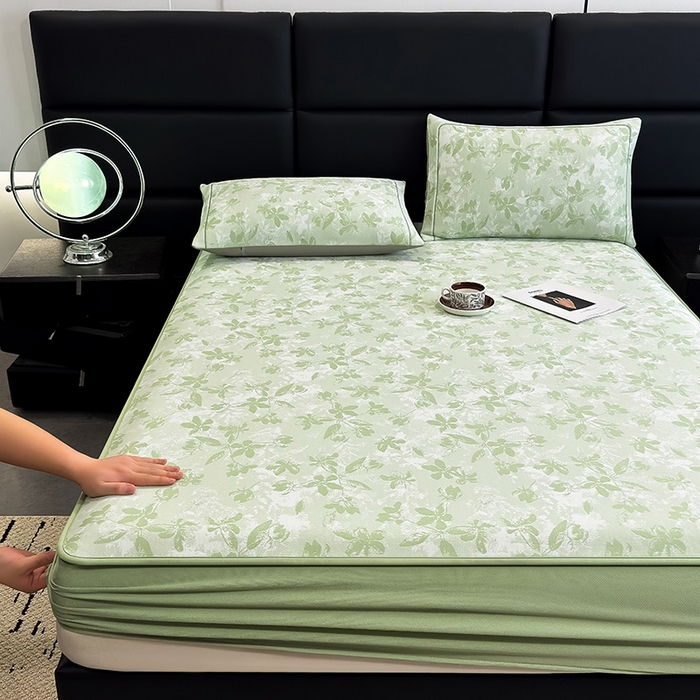91家纺网 家纺一手货源 找家纺 全季家居 2025新款5A乙纶全PE花卉轻奢提花凉感软凉席席子 繁花似锦-浅绿 床笠