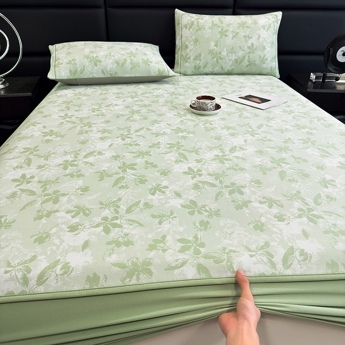 91家纺网 家纺一手货源 找家纺 全季家居 2025新款5A乙纶全PE花卉轻奢提花凉感软凉席席子 繁花似锦-浅绿 床笠