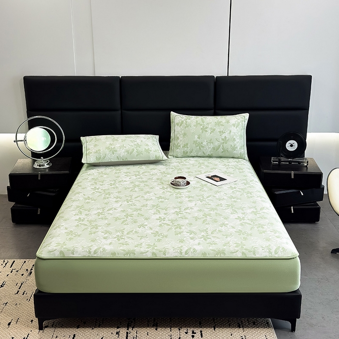 91家纺网 家纺一手货源 找家纺 全季家居 2025新款5A乙纶全PE花卉轻奢提花凉感软凉席席子 繁花似锦-浅绿 床笠