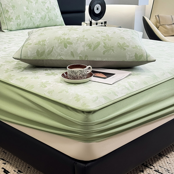 91家纺网 家纺一手货源 找家纺 全季家居 2025新款5A乙纶全PE花卉轻奢提花凉感软凉席席子 繁花似锦-浅绿 床笠