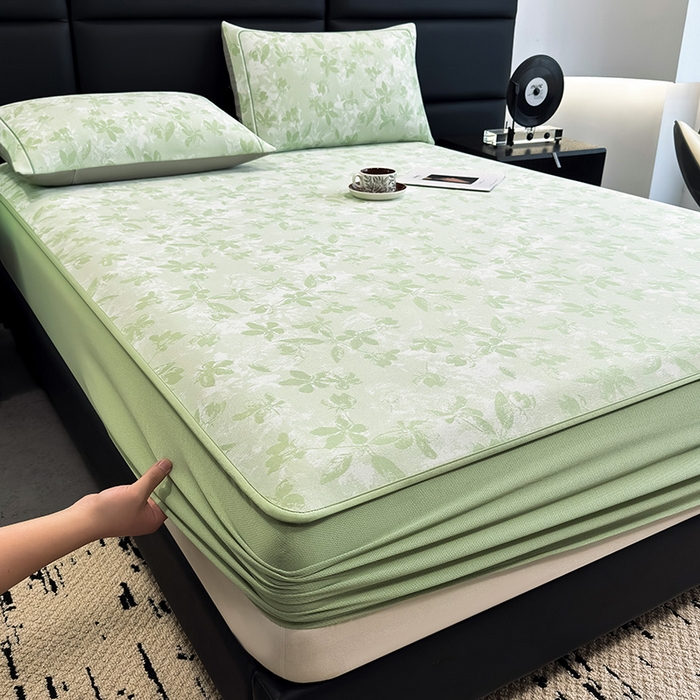 91家纺网 家纺一手货源 找家纺 全季家居 2025新款5A乙纶全PE花卉轻奢提花凉感软凉席席子 繁花似锦-浅绿 床笠