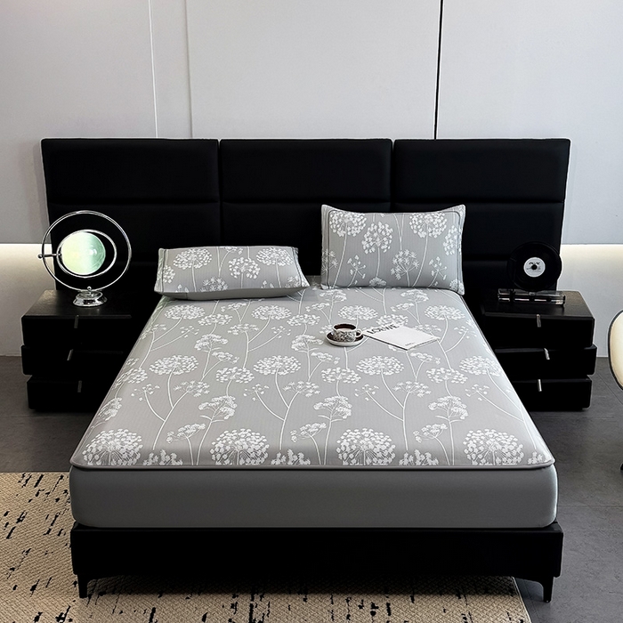 91家纺网 家纺一手货源 找家纺 全季家居 2025新款5A乙纶全PE花卉轻奢提花凉感软凉席席子 落盏-浅灰 床笠