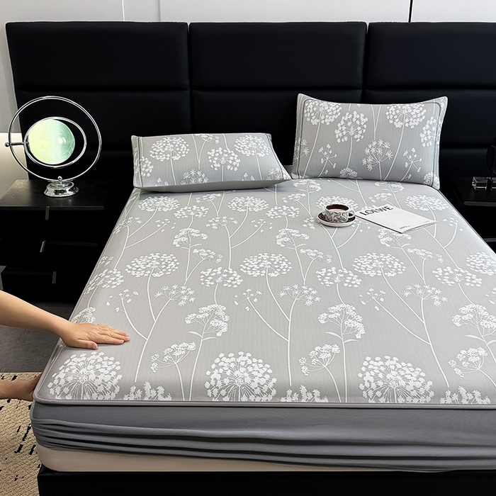 91家纺网 家纺一手货源 找家纺 全季家居 2025新款5A乙纶全PE花卉轻奢提花凉感软凉席席子 落盏-浅灰 床笠