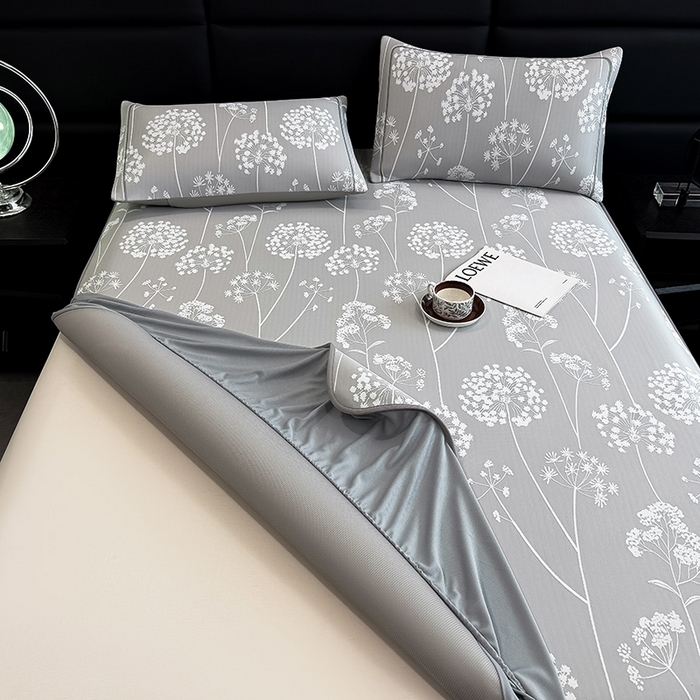 91家纺网 家纺一手货源 找家纺 全季家居 2025新款5A乙纶全PE花卉轻奢提花凉感软凉席席子 落盏-浅灰 床笠