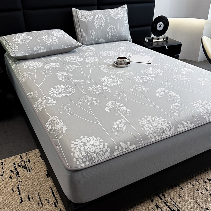 91家纺网 家纺一手货源 找家纺 全季家居 2025新款5A乙纶全PE花卉轻奢提花凉感软凉席席子 落盏-浅灰 床笠