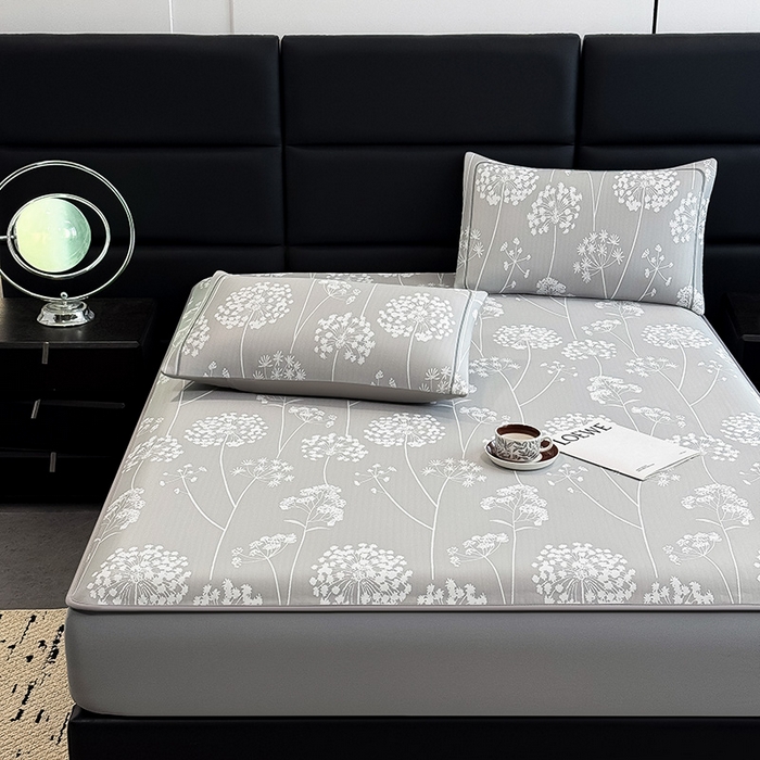 91家纺网 家纺一手货源 找家纺 全季家居 2025新款5A乙纶全PE花卉轻奢提花凉感软凉席席子 落盏-浅灰 床笠