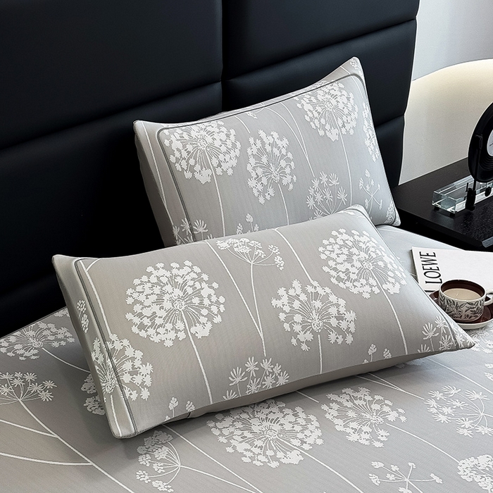 91家纺网 家纺一手货源 找家纺 全季家居 2025新款5A乙纶全PE花卉轻奢提花凉感软凉席席子 落盏-浅灰 床笠