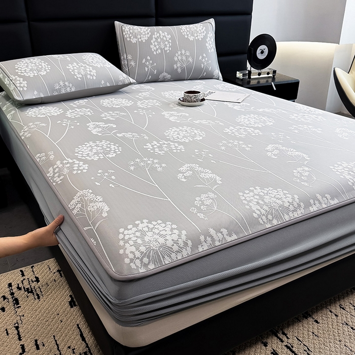 91家纺网 家纺一手货源 找家纺 全季家居 2025新款5A乙纶全PE花卉轻奢提花凉感软凉席席子 落盏-浅灰 床笠