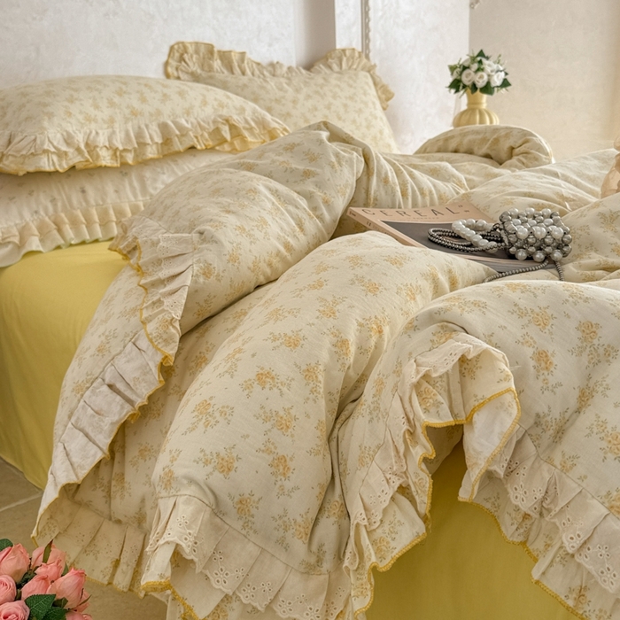 91家纺网 家纺一手货源 找家纺 （总）简宜家居（朝初家纺） 2025新款40s全棉纯棉双层纱撞色蕾丝花边四件套