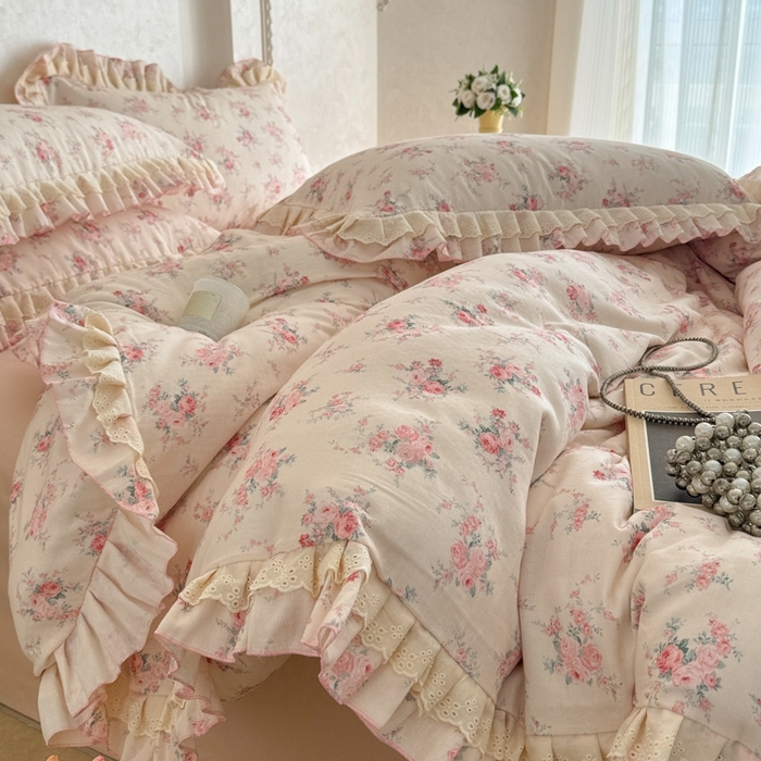 91家纺网 家纺一手货源 找家纺 （总）简宜家居（朝初家纺） 2025新款40s全棉纯棉双层纱撞色蕾丝花边四件套