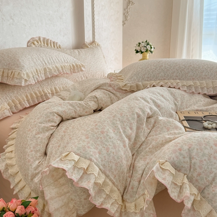 91家纺网 家纺一手货源 找家纺 （总）简宜家居（朝初家纺） 2025新款40s全棉纯棉双层纱撞色蕾丝花边四件套