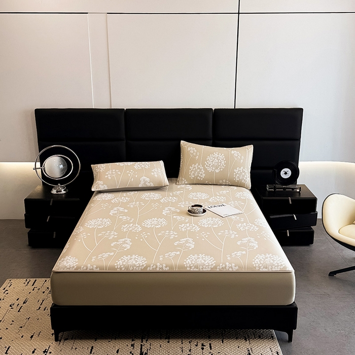 91家纺网 家纺一手货源 找家纺 全季家居 2025新款5A乙纶全PE花卉轻奢提花凉感软凉席席子 落盏-浅咖 床笠