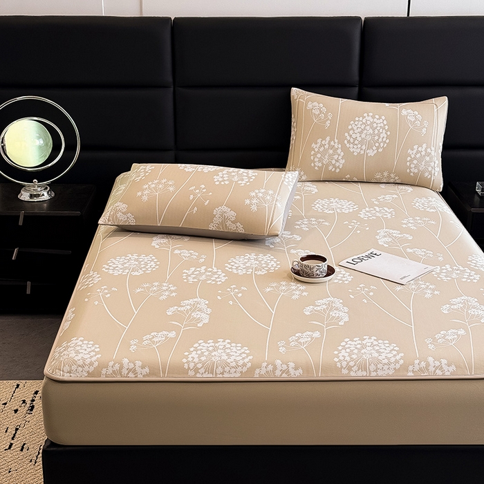 91家纺网 家纺一手货源 找家纺 全季家居 2025新款5A乙纶全PE花卉轻奢提花凉感软凉席席子 落盏-浅咖 床笠