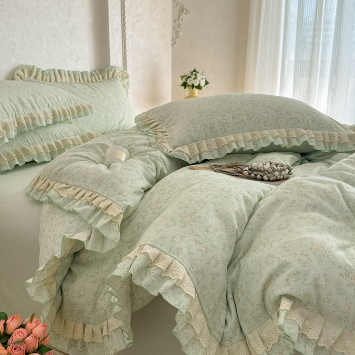 91家纺网 家纺一手货源 找家纺 （总）简宜家居（朝初家纺） 2025新款40s全棉纯棉双层纱撞色蕾丝花边四件套