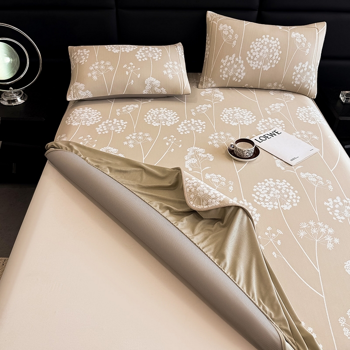 91家纺网 家纺一手货源 找家纺 全季家居 2025新款5A乙纶全PE花卉轻奢提花凉感软凉席席子 落盏-浅咖 床笠