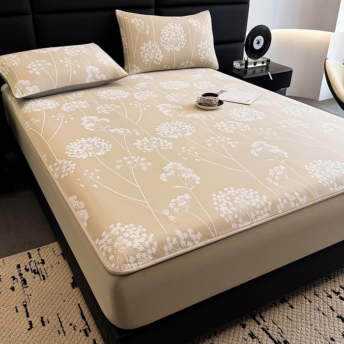 91家纺网 家纺一手货源 找家纺 全季家居 2025新款5A乙纶全PE花卉轻奢提花凉感软凉席席子 落盏-浅咖 床笠