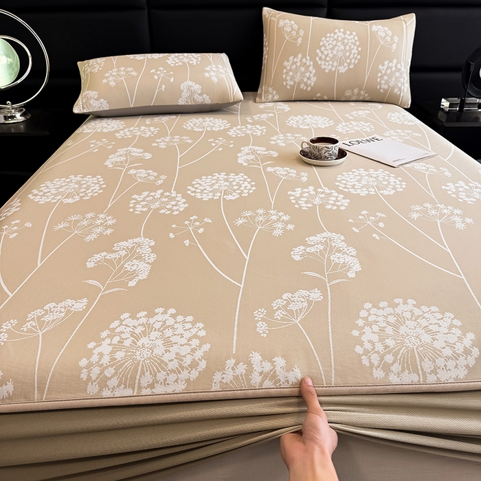 91家纺网 家纺一手货源 找家纺 全季家居 2025新款5A乙纶全PE花卉轻奢提花凉感软凉席席子 落盏-浅咖 床笠