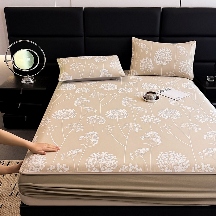 91家纺网 家纺一手货源 找家纺 全季家居 2025新款5A乙纶全PE花卉轻奢提花凉感软凉席席子 落盏-浅咖 床笠