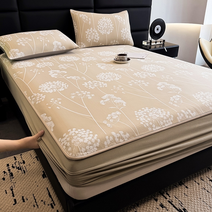 91家纺网 家纺一手货源 找家纺 全季家居 2025新款5A乙纶全PE花卉轻奢提花凉感软凉席席子 落盏-浅咖 床笠