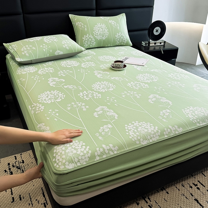 全季家居 2025新款5A乙纶全PE花卉轻奢提花凉感软凉席席子 落盏-浅绿 床笠