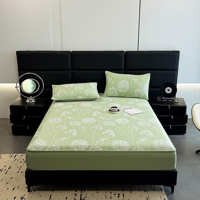 91家纺网 家纺一手货源 找家纺 全季家居 2025新款5A乙纶全PE花卉轻奢提花凉感软凉席席子 落盏-浅绿 床笠