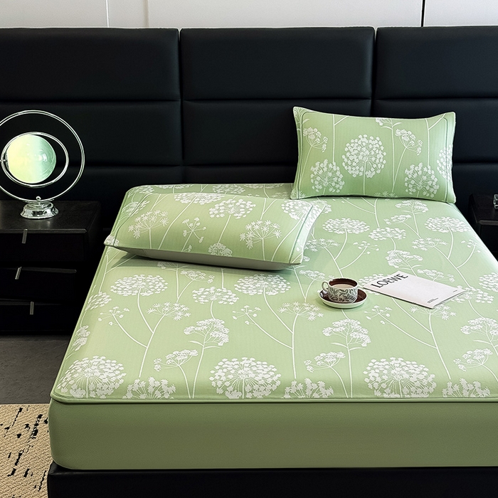 91家纺网 家纺一手货源 找家纺 全季家居 2025新款5A乙纶全PE花卉轻奢提花凉感软凉席席子 落盏-浅绿 床笠