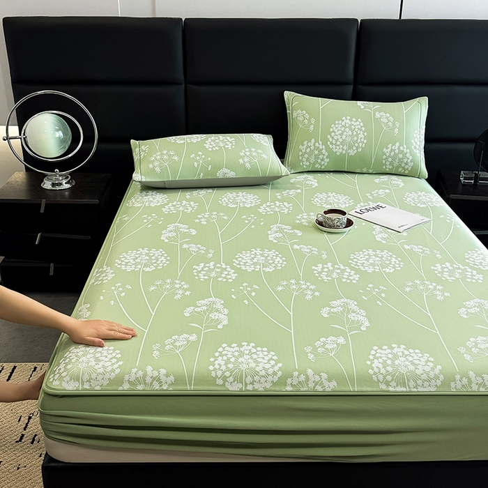 91家纺网 家纺一手货源 找家纺 全季家居 2025新款5A乙纶全PE花卉轻奢提花凉感软凉席席子 落盏-浅绿 床笠