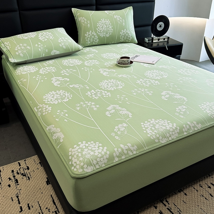 91家纺网 家纺一手货源 找家纺 全季家居 2025新款5A乙纶全PE花卉轻奢提花凉感软凉席席子 落盏-浅绿 床笠