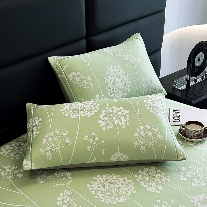 91家纺网 家纺一手货源 找家纺 全季家居 2025新款5A乙纶全PE花卉轻奢提花凉感软凉席席子 落盏-浅绿 床笠