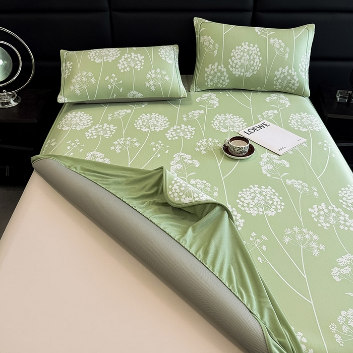 91家纺网 家纺一手货源 找家纺 全季家居 2025新款5A乙纶全PE花卉轻奢提花凉感软凉席席子 落盏-浅绿 床笠