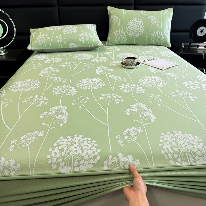 91家纺网 家纺一手货源 找家纺 全季家居 2025新款5A乙纶全PE花卉轻奢提花凉感软凉席席子 落盏-浅绿 床笠