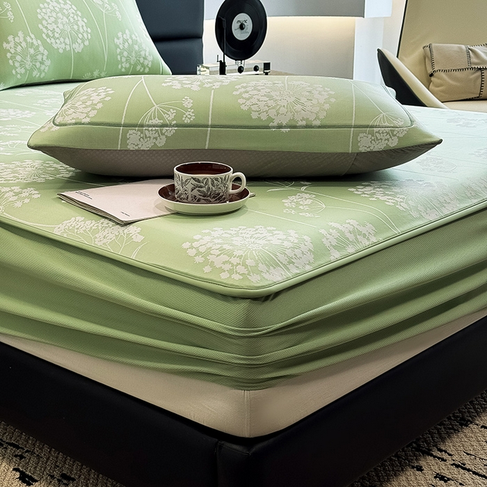 91家纺网 家纺一手货源 找家纺 全季家居 2025新款5A乙纶全PE花卉轻奢提花凉感软凉席席子 落盏-浅绿 床笠