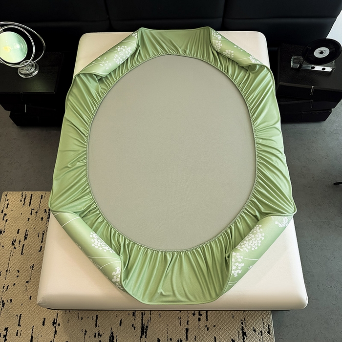 91家纺网 家纺一手货源 找家纺 全季家居 2025新款5A乙纶全PE花卉轻奢提花凉感软凉席席子 落盏-浅绿 床笠