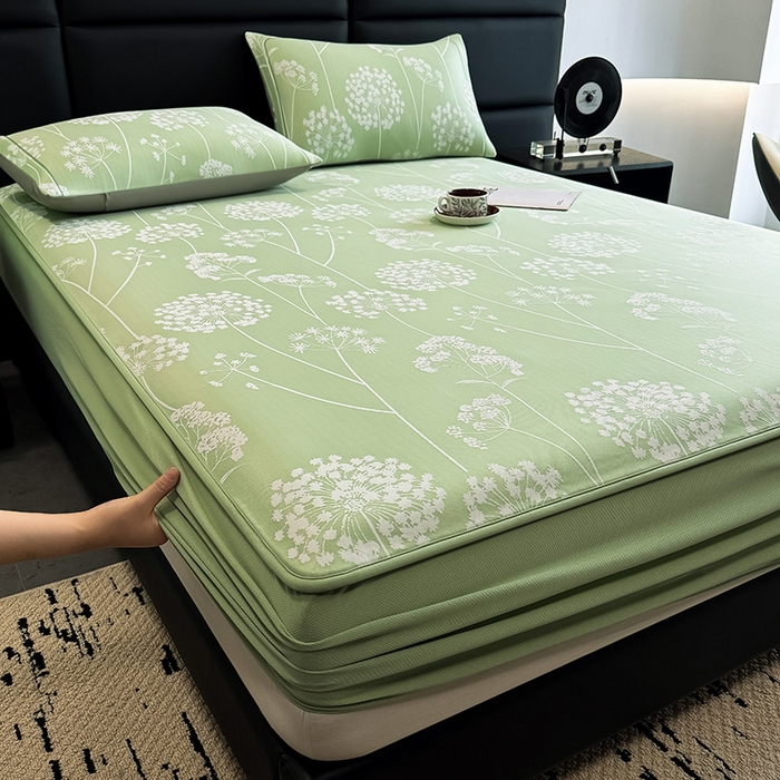 91家纺网 家纺一手货源 找家纺 全季家居 2025新款5A乙纶全PE花卉轻奢提花凉感软凉席席子 落盏-浅绿 床笠