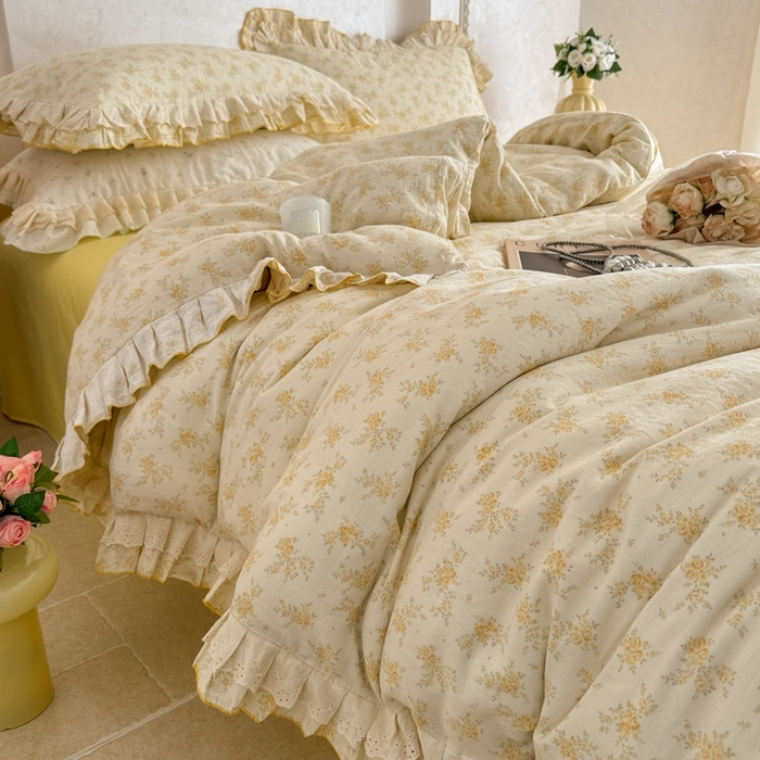 91家纺网 家纺一手货源 找家纺 简宜家居（朝初家纺） 2025新款40s全棉纯棉双层纱撞色蕾丝花边四件套 黄玫暖居